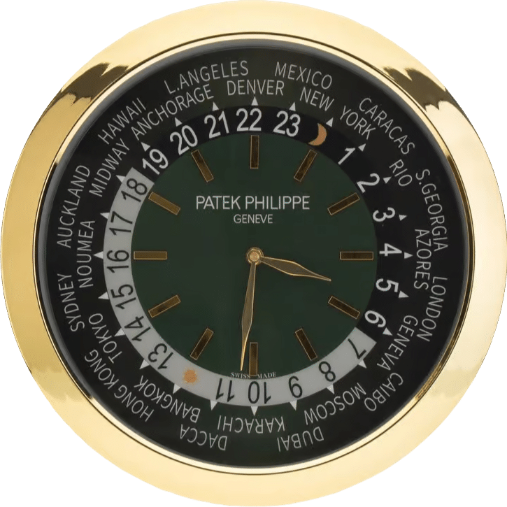 Patek Philippe wall clock with a gold frame, green dial, world time display, gold indices, dual hands, and a 24-hour scale.