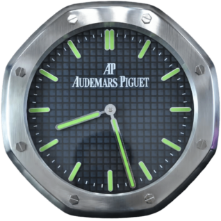 Audemars Piguet branded Rolex wall clock with a stainless steel octagonal frame and green luminous hour markers and hands on a black patterned dial.