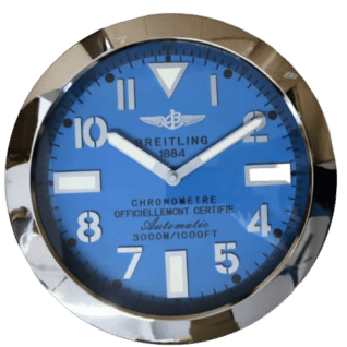 Rolex wall clock styled as a Breitling blue dial with white markers and silver frame indicating the time as 10:10