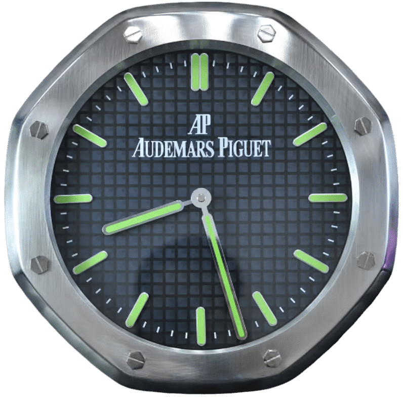 Audemars Piguet branded Rolex wall clock with a stainless steel octagonal frame and green luminous hour markers and hands on a black patterned dial.