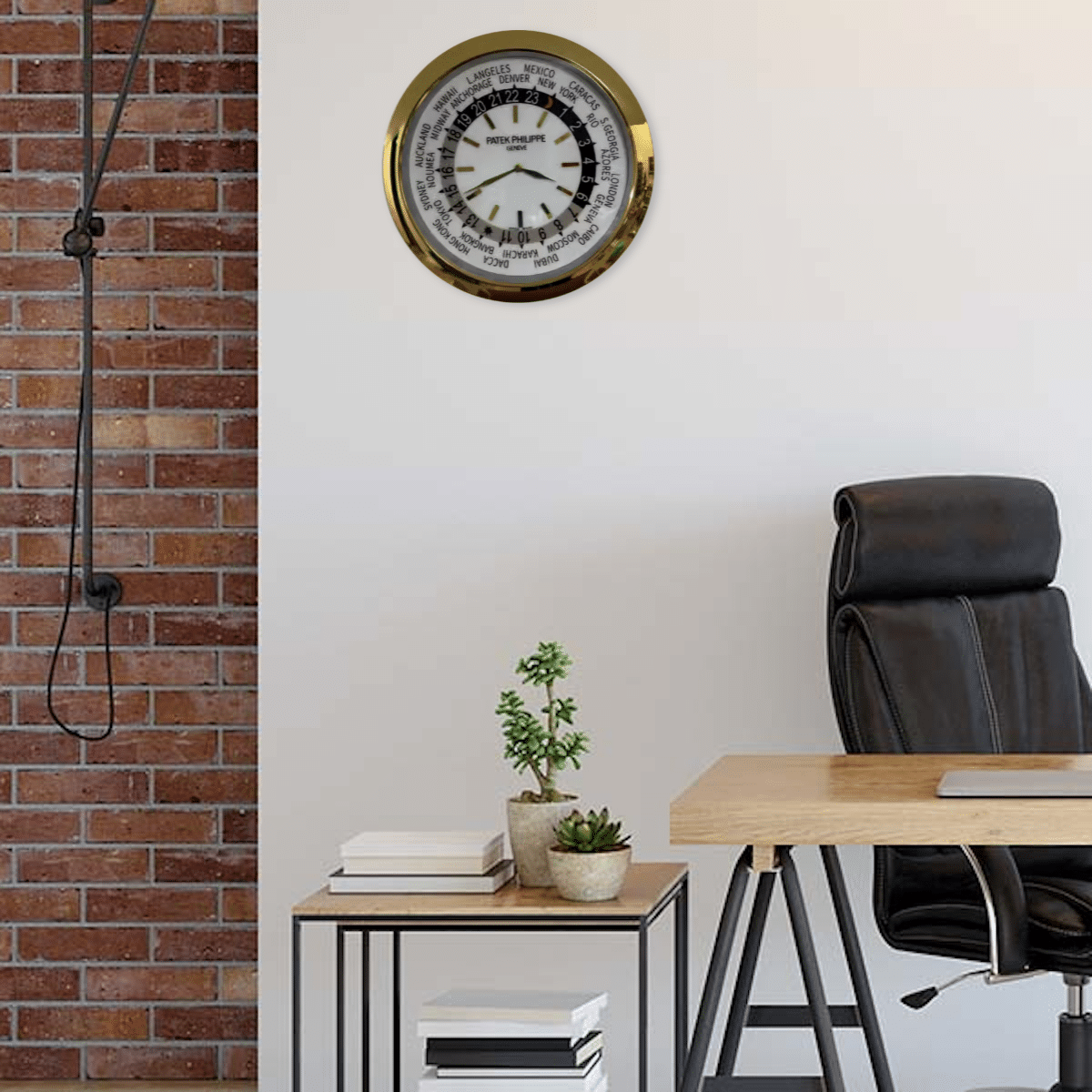 rolex well clock world time wall clock with gold frame hanging on white wall above desk and black office chair in modern room with brick accent wall and small plants on side table