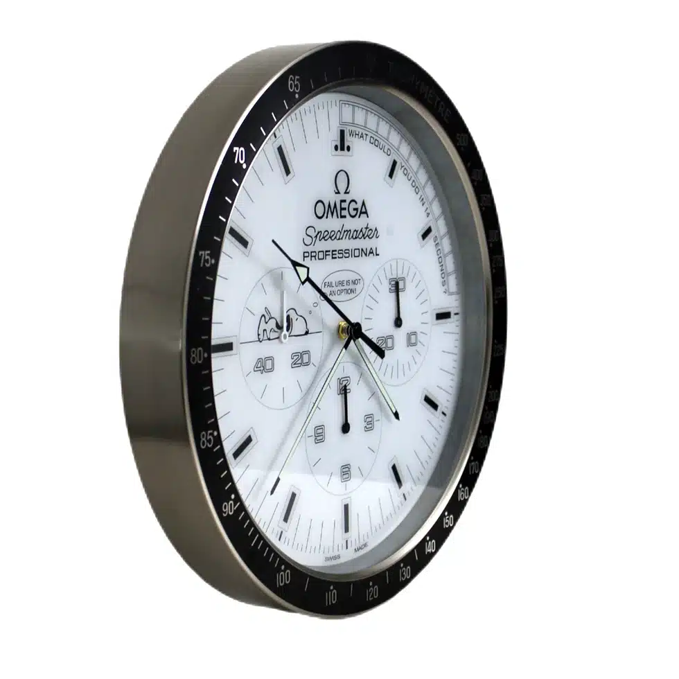 rolex well clock featuring a round Omega Speedmaster Professional wall clock with white face, black bezel with tachymeter markings, and cartoon Snoopy illustrations on two subdials