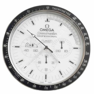Rolex well clock featuring a white Omega Speedmaster Professional tachymetre dial with black markers and Snoopy illustration
