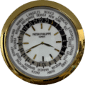 Rolex well clock showing world time with city names around the edge and gold rim, featuring Patek Philippe branding in the centre