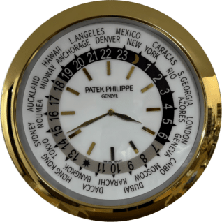 Rolex well clock showing world time with city names around the edge and gold rim, featuring Patek Philippe branding in the centre