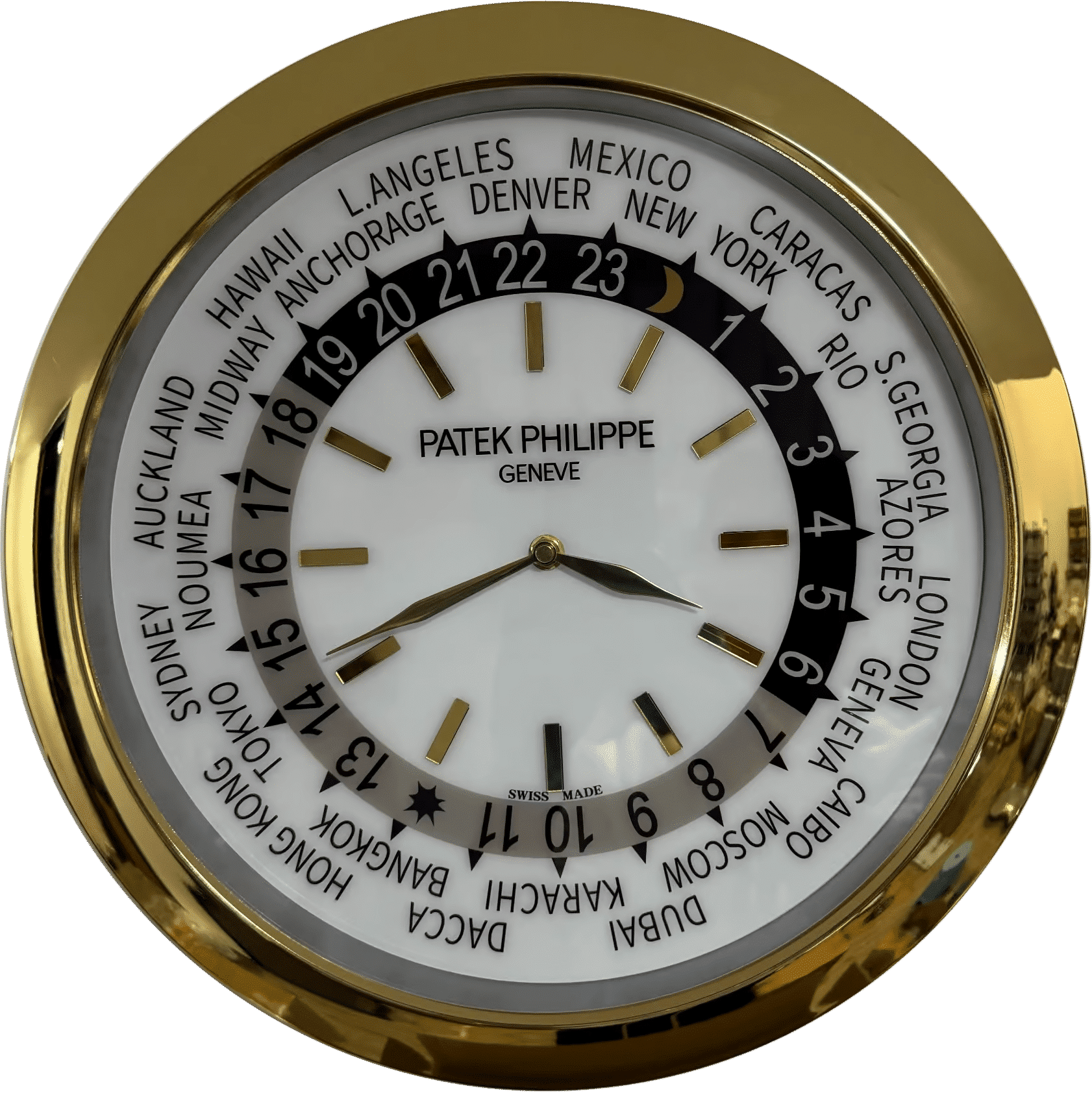 Rolex well clock showing world time with city names around the edge and gold rim, featuring Patek Philippe branding in the centre