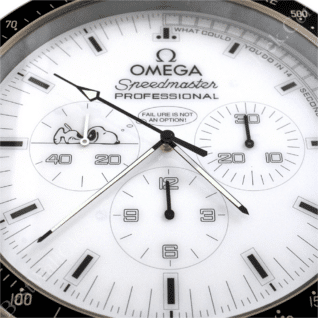 Close-up of an Omega Speedmaster Professional watch face featuring Snoopy illustration and the phrase Fail ure is not an option, with the text rolex well clock included