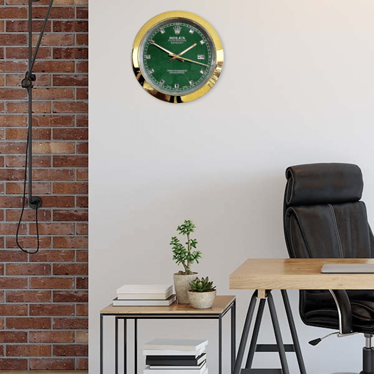 rolex well clock green and gold wall clock in modern office setting with brick and white walls, wooden desk, black office chair, side table with books and small plants, and a floor lamp