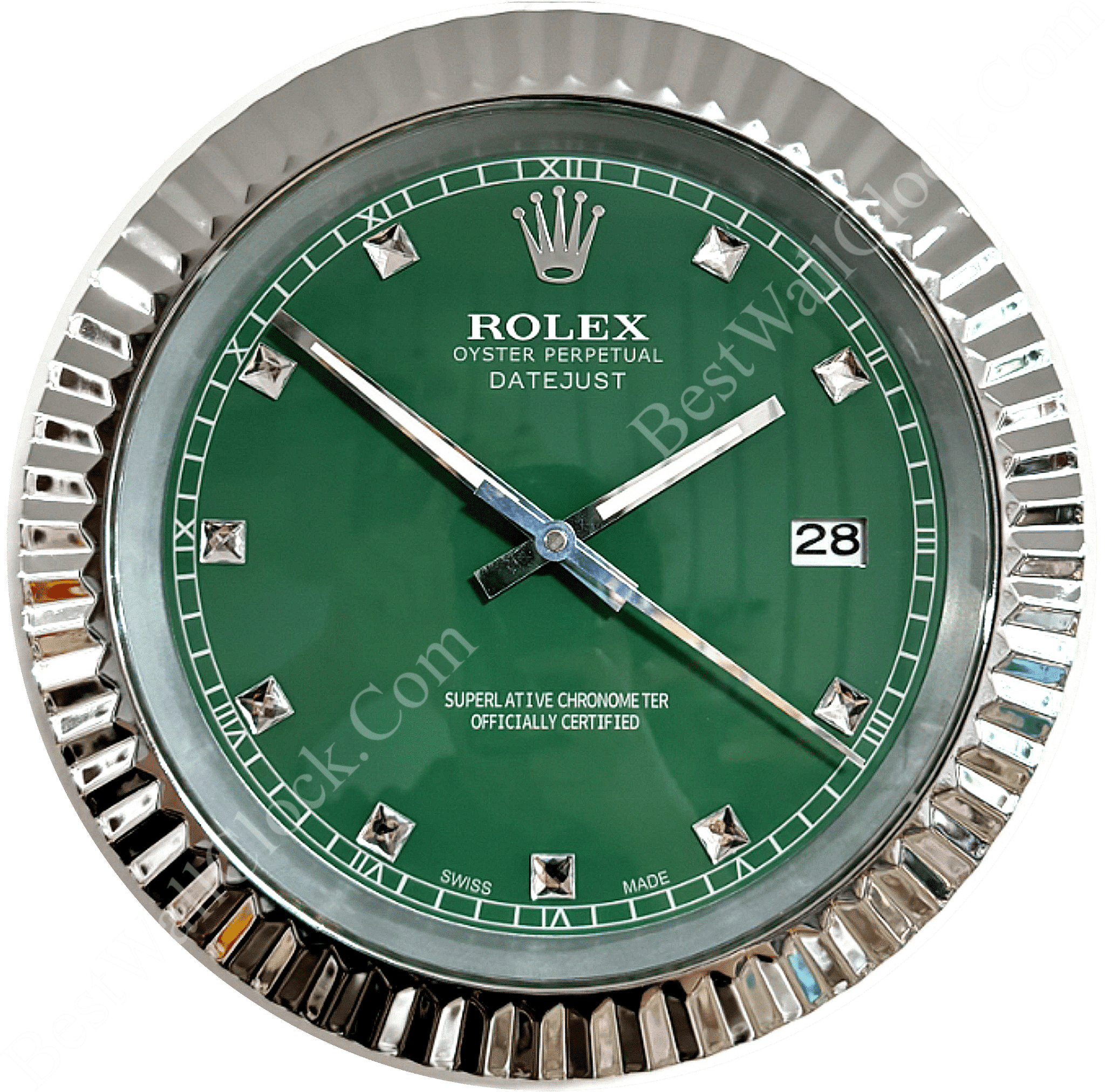 rolex well clock green dial wall clock with silver fluted bezel and diamond-shaped hour markers