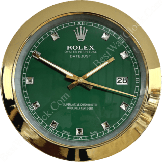 Rolex well clock with green dial, gold-tone frame, diamond-shaped hour markers, and date display at 3 o'clock