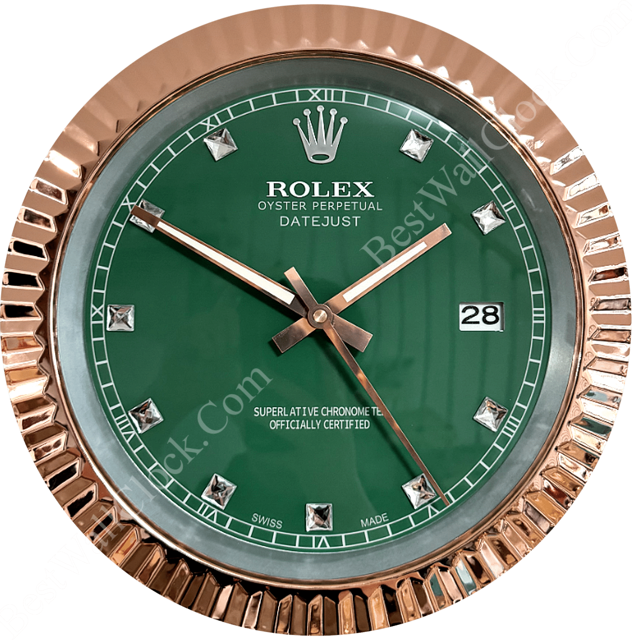 Rolex well clock featuring a green dial with diamond hour markers, rose gold fluted bezel, and date display at 3 o'clock.
