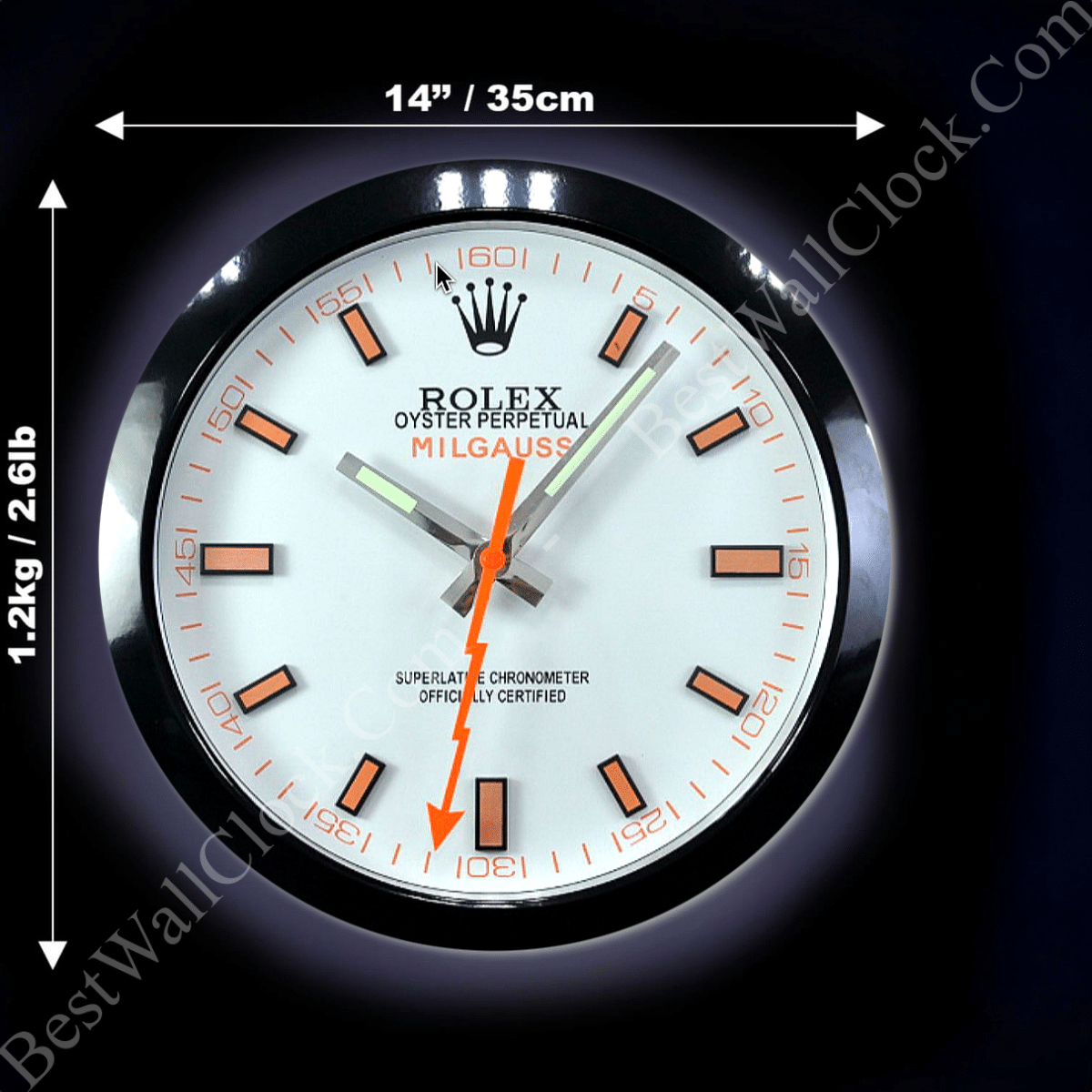Rolex well clock featuring a round white face with orange hour markers and hands, a black frame, and measurements indicating 14 inches/35cm in diameter and 1.2kg/2.61lb in weight, including the text 'Rolex well clock'.