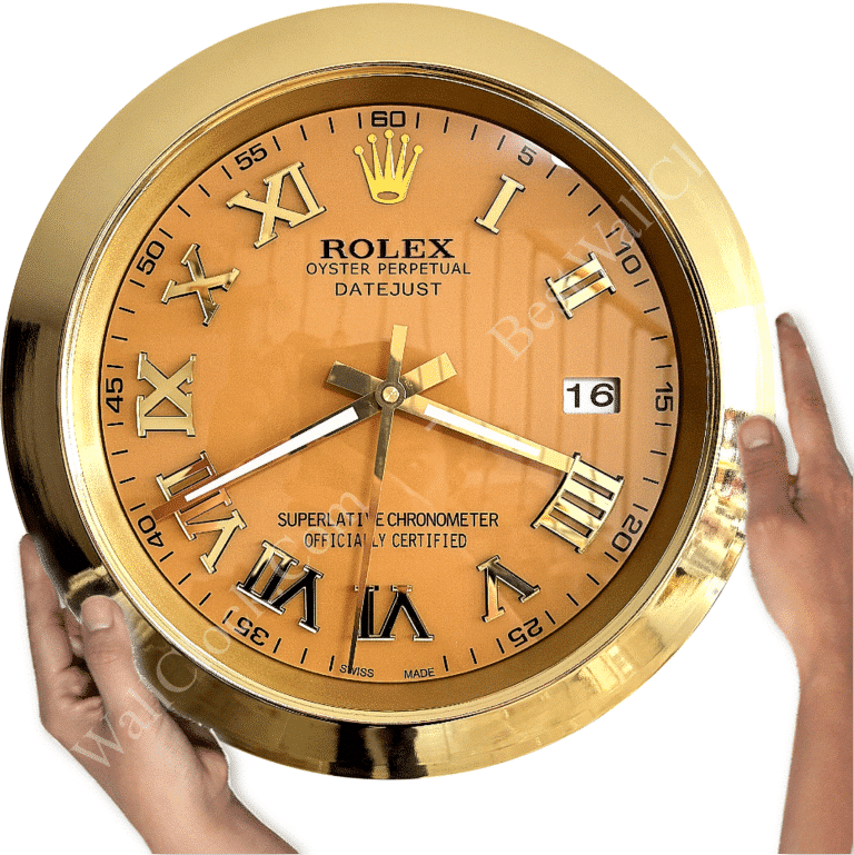 Close-up of a gold Rolex Datejust watch face with Roman numerals, a date display showing the 16th, and hands indicating approximately 8:22:30, held by two hands on a white background