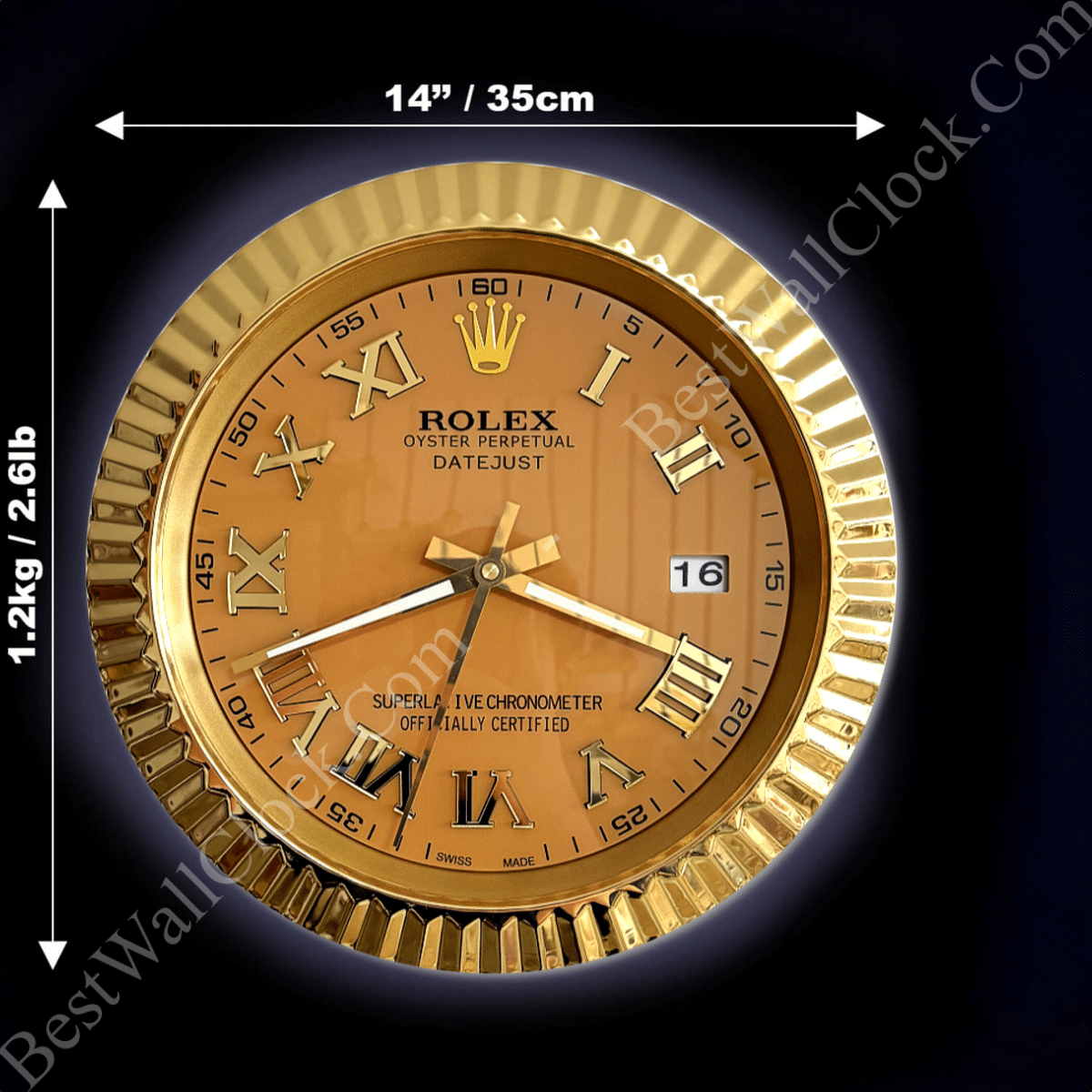Gold Rolex-inspired wall clock with Roman numerals and date display, measuring 14 inches (35 cm) in diameter and weighing 1.2 kg (2.61 lb).