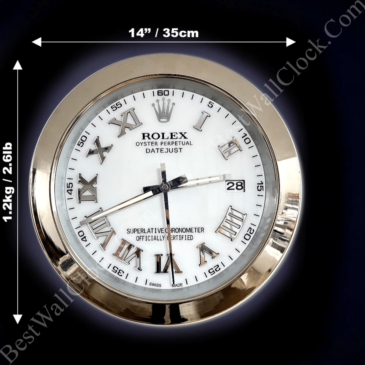 Round wall clock styled like a Rolex Oyster Perpetual Datejust watch, featuring Roman numerals, date display at 3 o'clock, and a gold-colored rim, measuring 14 inches (35 cm) in diameter and weighing 1.2 kg (2.6 lb).