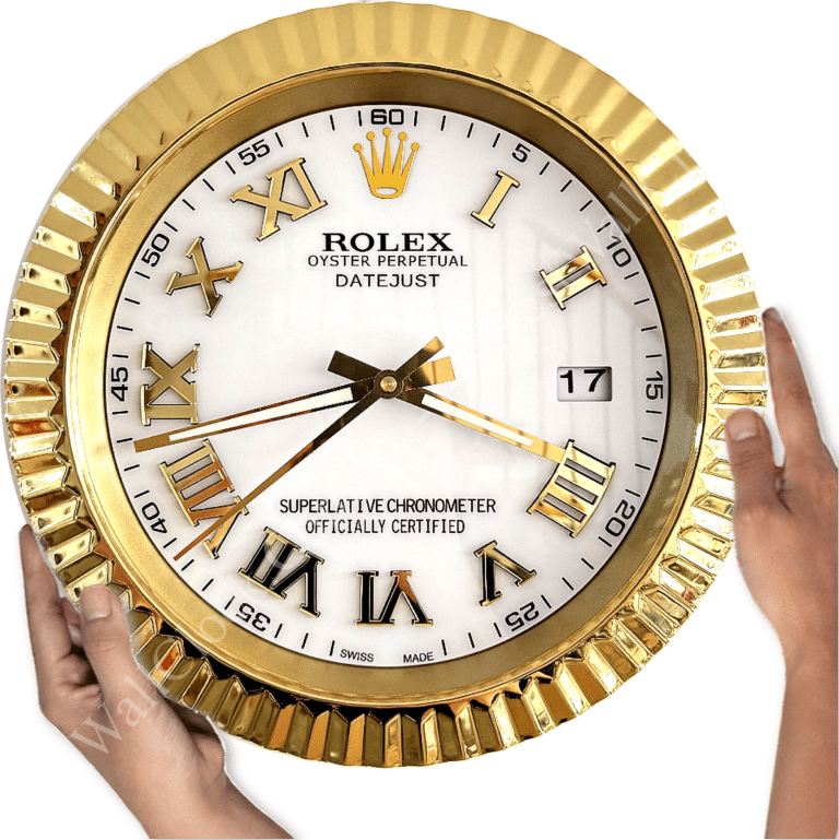 Hands holding a gold Rolex wall clock with white face, Roman numerals, and a date window showing 17, displaying the time 7:22:42