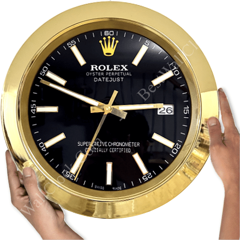 Hands holding a large gold-framed Rolex clock with a black face displaying the time 2:49:35 and the date 26