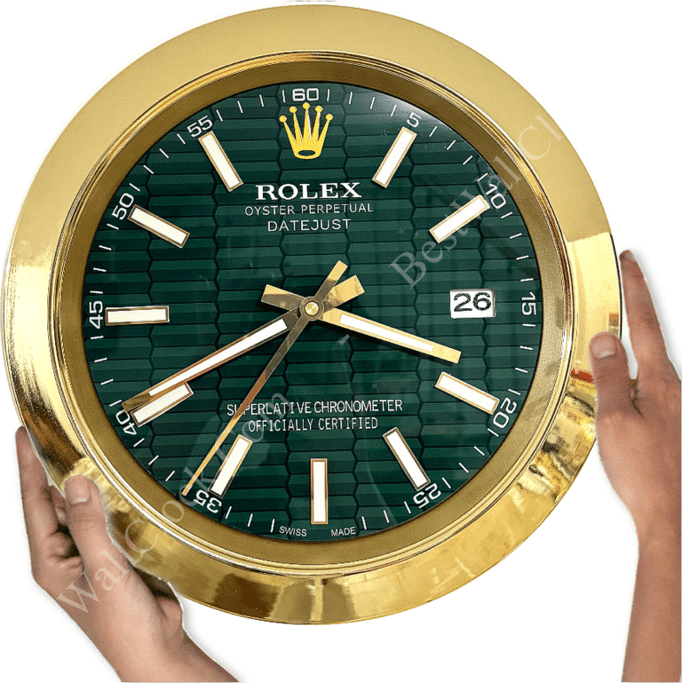 Hands holding a large Rolex Oyster Perpetual Datejust clock with a gold frame, green patterned face, white and gold hour markers, and a date display showing 26.