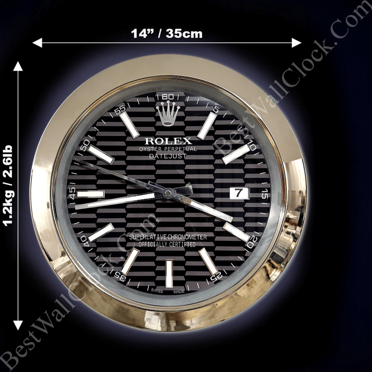 Rolex well clock round wall clock with black patterned dial, white hour markers, silver hands, date display, and gold frame, shown with dimensions and weight on a dark background