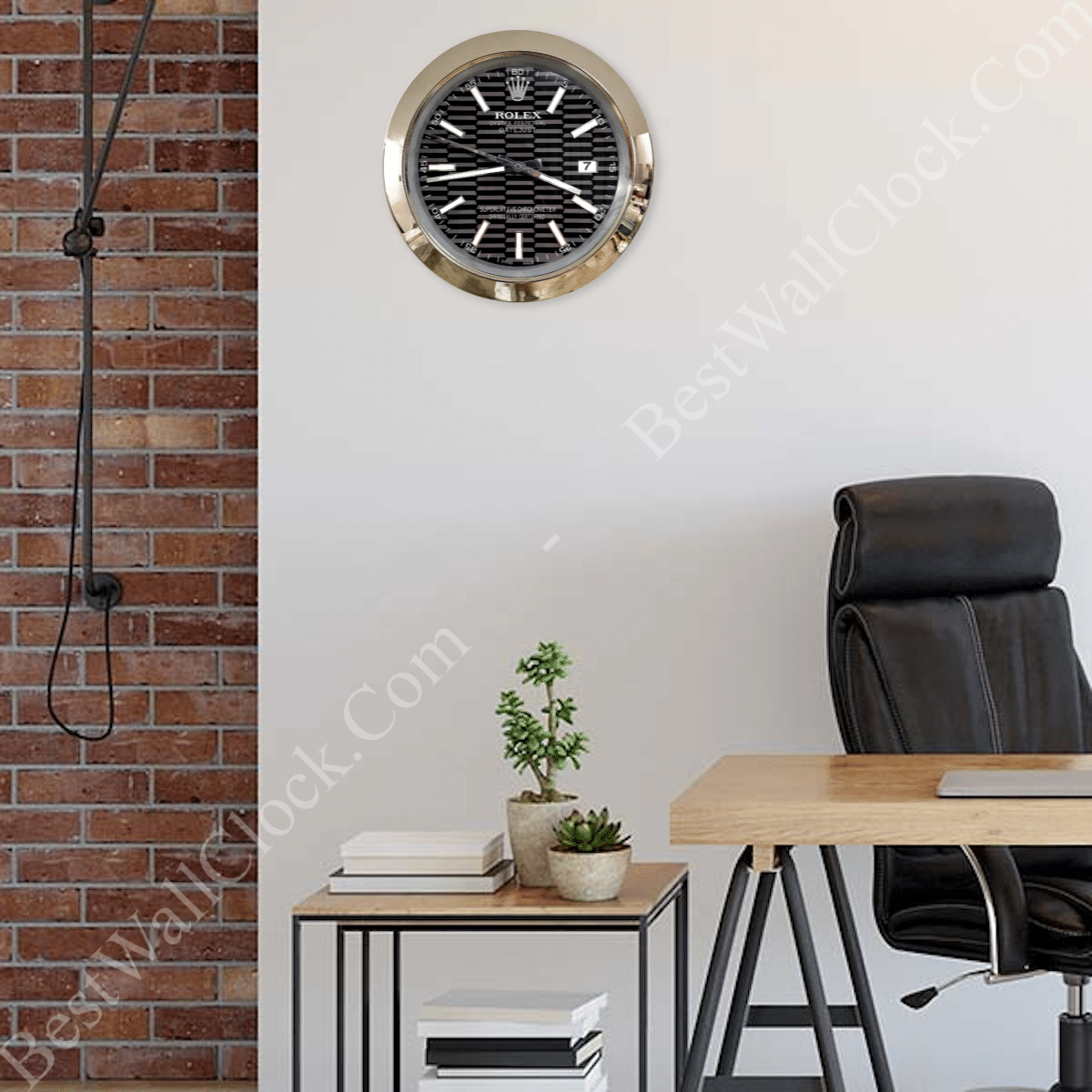 rolex well clock black and silver wall clock with bold white markers in modern office setting with brick wall and wooden desk