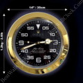 Rolex Air-King wall clock with a black face, white numerals, and a gold-colored frame, showing dimensions of 14 inches (35 cm) in diameter and weighing 1.2 kg (2.61 lb).