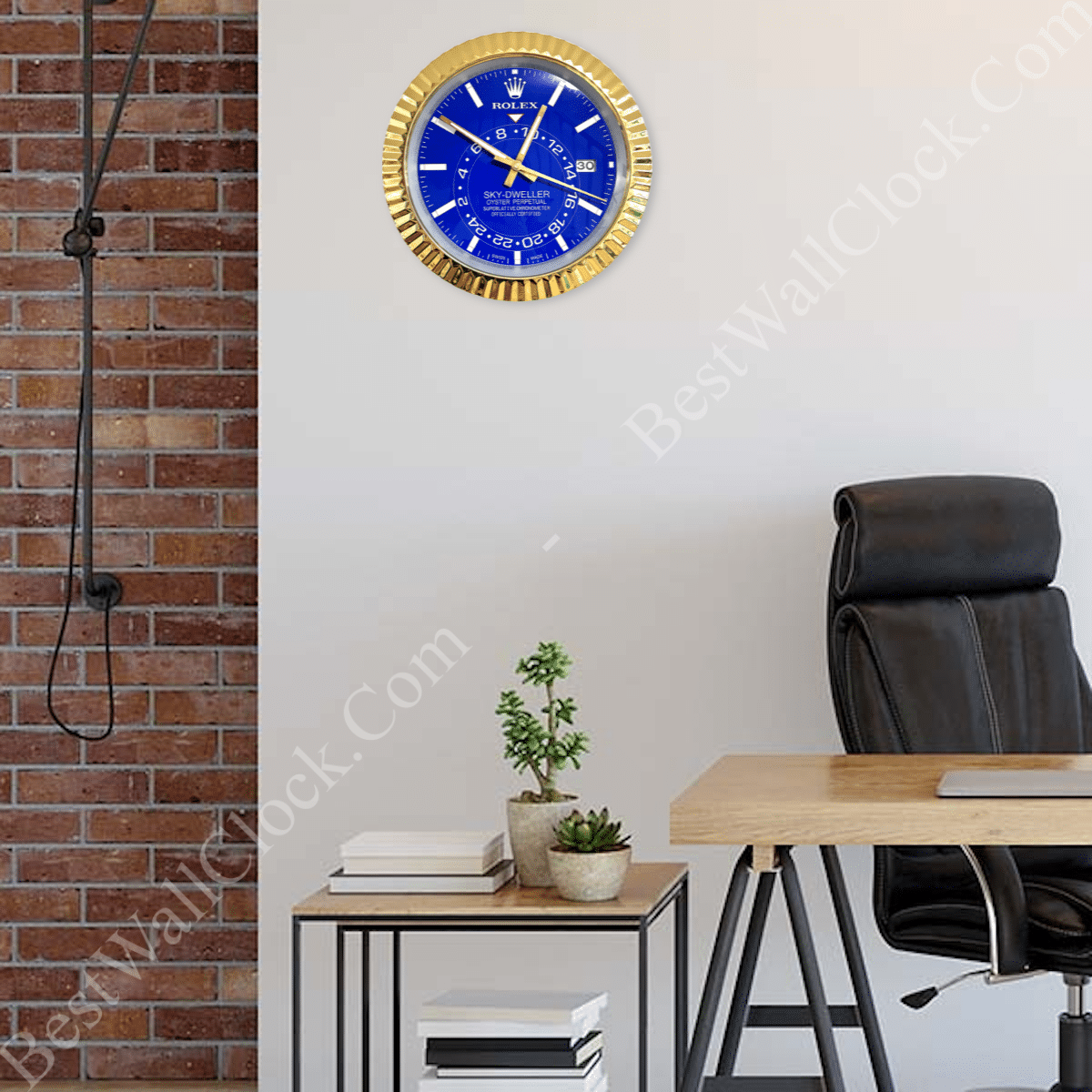 Modern office interior with a wooden desk and black leather chair, side table with potted plants and books, and a wall clock featuring a blue face and golden rim resembling a Rolex watch.
