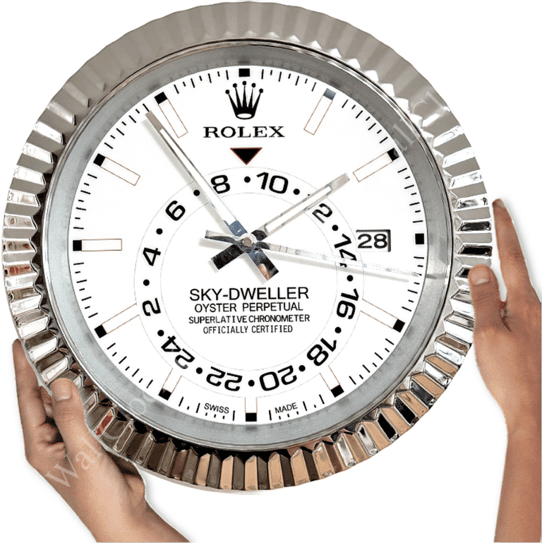 Large round wall clock designed to resemble a Rolex Sky-Dweller watch with silver bezel, white face, black hour markers and hands, two hands holding opposite sides of the clock