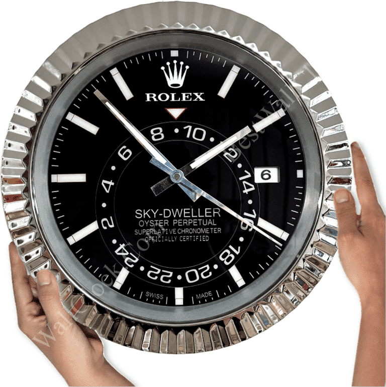 Large black Rolex Sky-Dweller wall clock with silver bezel being held by two hands, showing the time as 10:08