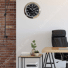 Modern home office setup with a wooden desk, black ergonomic chair, side table with potted plants and books, red brick wall on the left, and a round Rolex Sky-Dweller wall clock with a black face and silver frame on a plain white wall.