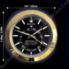 Rolex Sky-Dweller wall clock with black dial, gold-tone bezel, white hour markers, three gold hands showing time, and measurement dimensions 14 inches (35 cm) in diameter and weight 1.2 kg (2.61 lb).