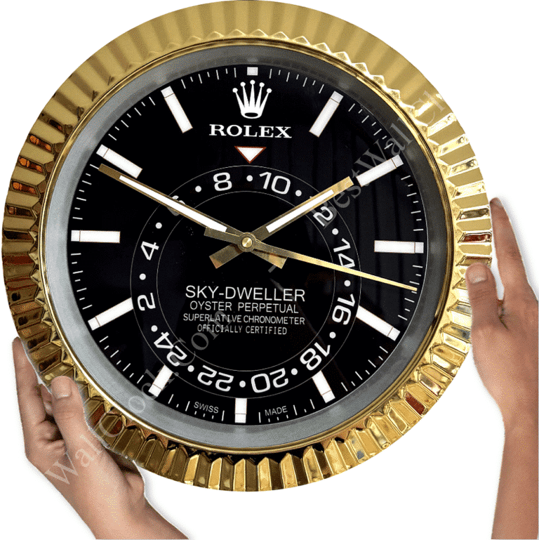 Close-up of a large Rolex Sky-Dweller wall clock with a gold fluted bezel, black dial, white hour markers, and two hands held by two hands on either side.