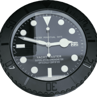 Close-up of a black Yacht-Master wristwatch dial showing white circular and rectangular hour markers, white hands indicating 9:15:00, a date window displaying 22, and inscriptions including 'Oyster Perpetual Date' and 'Superlative Chronometer Officially Certified' on the face.