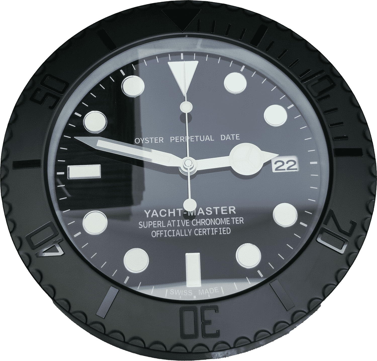 Close-up of a black Yacht-Master wristwatch dial showing white circular and rectangular hour markers, white hands indicating 9:15:00, a date window displaying 22, and inscriptions including 'Oyster Perpetual Date' and 'Superlative Chronometer Officially Certified' on the face.