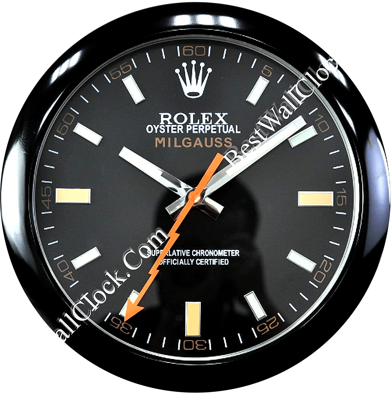 Rolex well clock featuring a black Milgauss-style dial with white hour markers, orange lightning bolt second hand, and a glossy black round frame