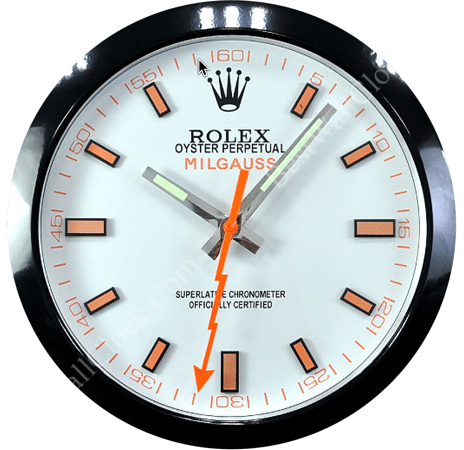 Close-up of a rolex well clock showing a white dial with orange markers and a unique orange lightning bolt second hand, labelled Rolex Oyster Perpetual Milgauss with black and orange details