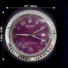 Round Rolex wall clock with a purple face, silver Roman numerals, and a fluted silver frame, showing dimensions 14 inches (35 cm) in diameter and weight 1.2 kg (2.6 lb) on a dark background.