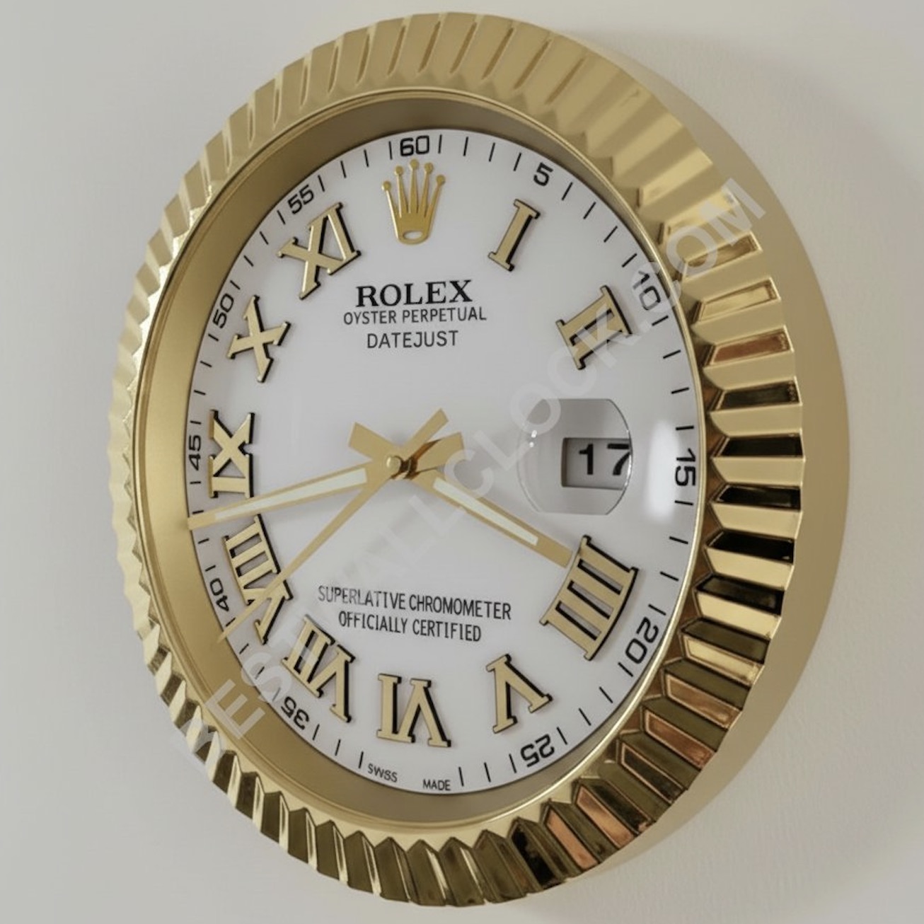 Rolex Datejust Style – Dealer Display Wall Clock (White Roman Fluted Gold)