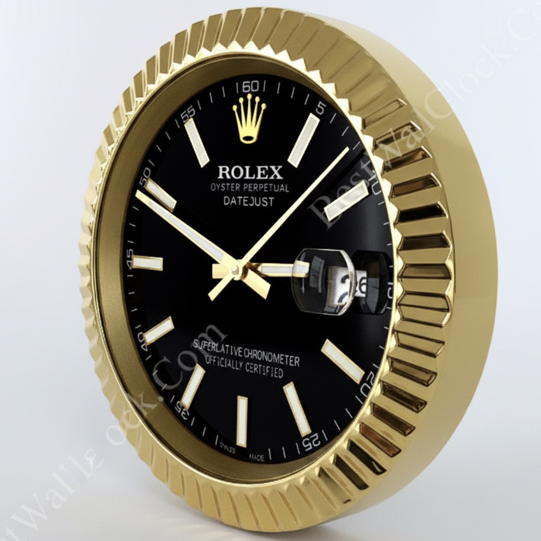 Rolex Datejust Stil – dealer display Wanduhr (Schwarzer Baton mit Rillen und Gold)