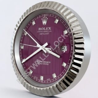 Rolex Datejust Stil – Dealer Display Wanduhr (Aubergine Rilliert Diamant Silber)