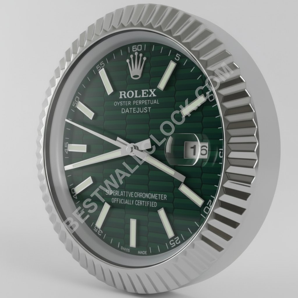Rolex Datejust Style – Dealer Display Wall Clock (Green Palm Motif Fluted Silver)