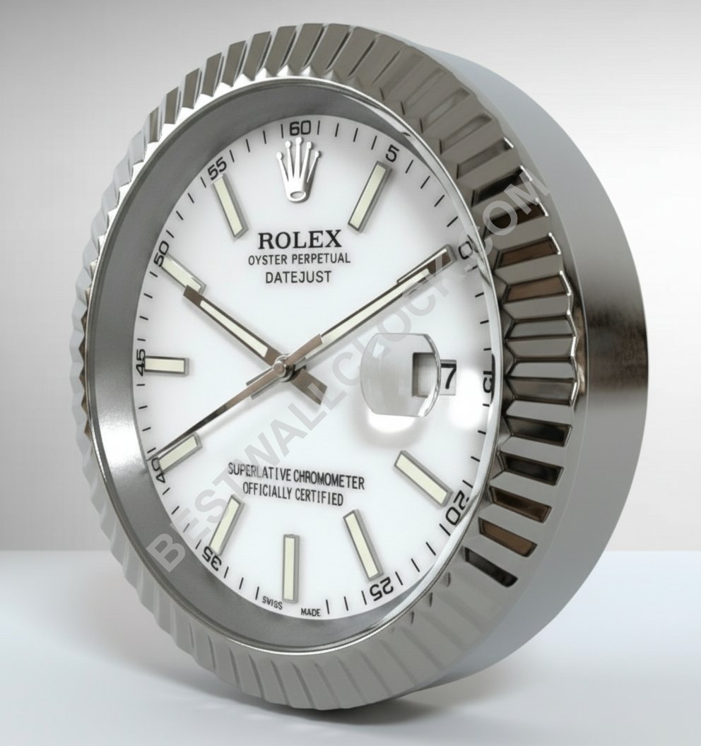Rolex Datejust Style – Dealer Display Wall Clock (White Baton Fluted Silver)