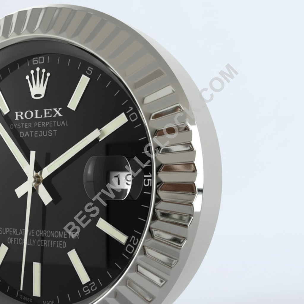 Horloge murale Rolex Datejust Style – Dealer Display (Baton noir flûté argent) – Image 2