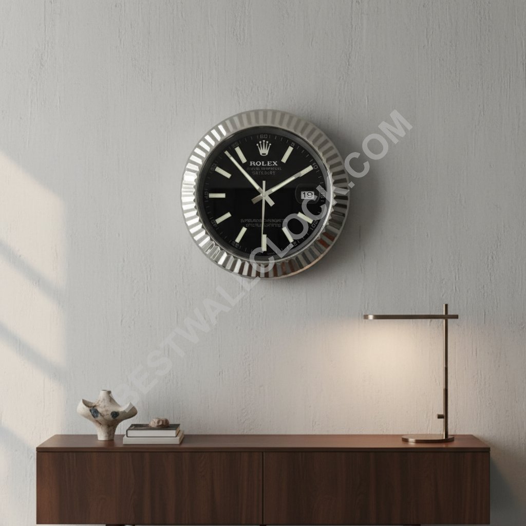 Horloge murale Rolex Datejust Style – Dealer Display (Baton noir flûté argent) – Image 7