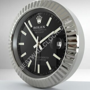 Rolex Datejust Style – Dealer Display Wall Clock (Black Baton Fluted Silver)