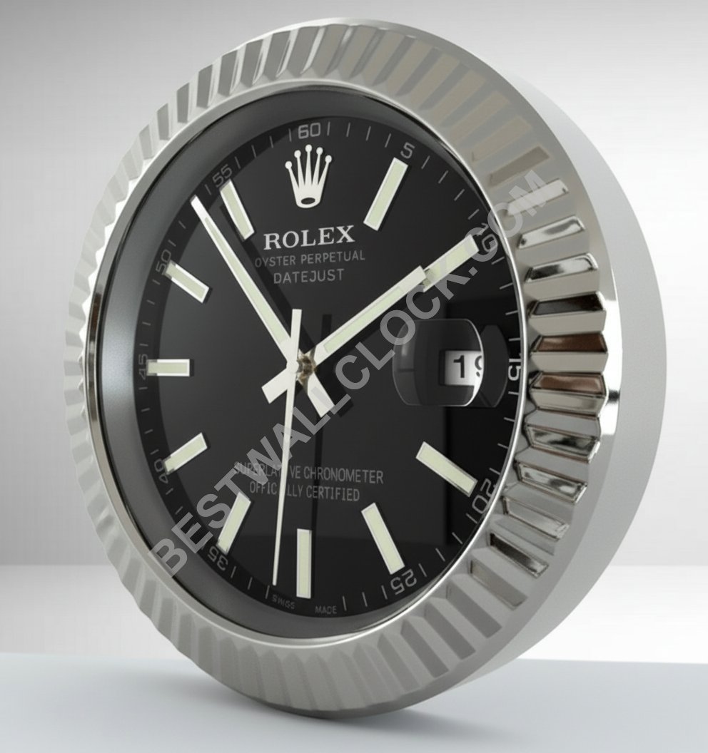 Horloge murale Rolex Datejust Style – Dealer Display (Baton noir flûté argent)