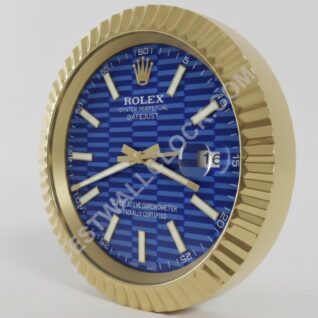 Rolex Datejust Stil – Dealer Display Wanduhr (Blaue Rillenmuster Rillen Gold)