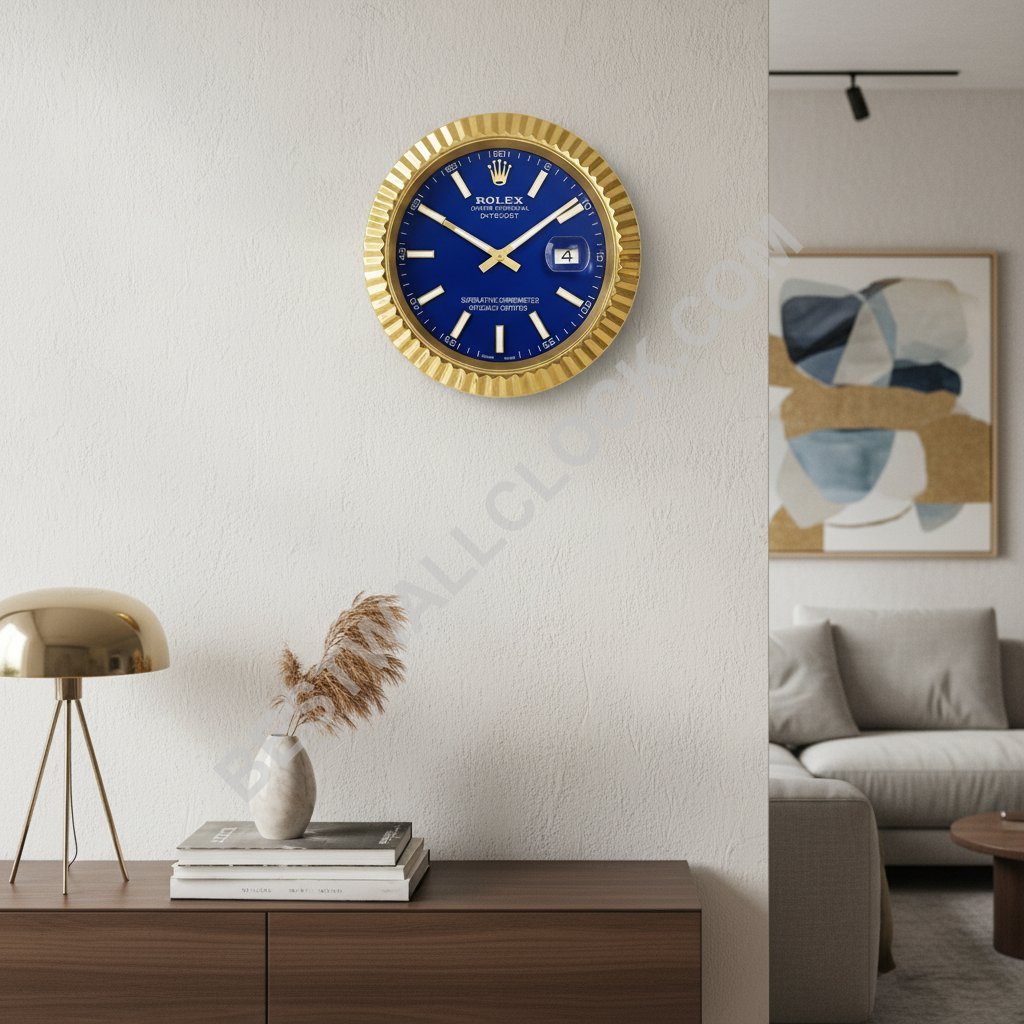 Rolex Datejust Style – Dealer Display Wall Clock (Blue Baton Fluted Gold) - Image 8