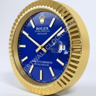 Rolex Datejust Style – Dealer Display Wall Clock (Blue Baton Fluted Gold)