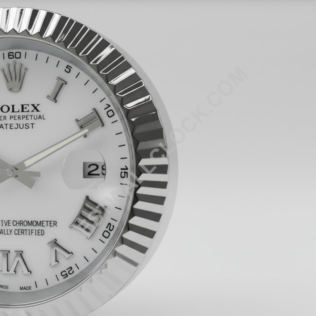 Rolex Datejust Style – Dealer Display Wall Clock (White Roman Fluted Silver) - Image 3