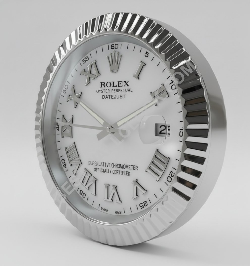 Rolex Datejust Style – Dealer Display Wall Clock (White Roman Fluted Silver)